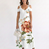 Camila | Vestido Midi A-Linha Floral com Ombros Descidos