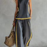 Liliana - Conjunto elegante e casual com colete e calças em algodão e linho cinza com bordos