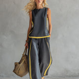 Liliana - Conjunto elegante e casual com colete e calças em algodão e linho cinza com bordos