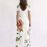 Camila | Vestido Midi A-Linha Floral com Ombros Descidos
