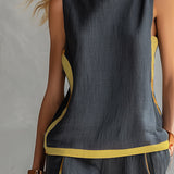 Liliana - Conjunto elegante e casual com colete e calças em algodão e linho cinza com bordos