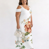 Camila | Vestido Midi A-Linha Floral com Ombros Descidos