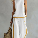 Liliana - Conjunto elegante e casual com colete e calças em algodão e linho cinza com bordos