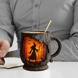 Caneca 3D Artesanal de Halloween com Bruxa e Gato
