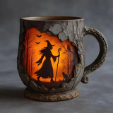 Caneca 3D Artesanal de Halloween com Bruxa e Gato
