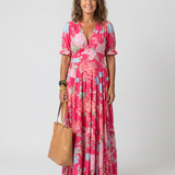 Ione | Vestido Midi Floral com Mangas Curtas e Decote em V