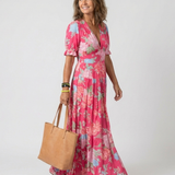 Ione | Vestido Midi Floral com Mangas Curtas e Decote em V