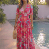 Ione | Vestido Midi Floral com Mangas Curtas e Decote em V