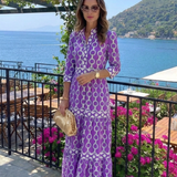 Ysolde | Vestido Midi com Mangas Três Quartos e Padrão de Corrente