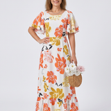 Elowen | Vestido Maxi Com Decote Redondo e Mangas Curtas em Camadas