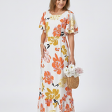 Elowen | Vestido Maxi Com Decote Redondo e Mangas Curtas em Camadas