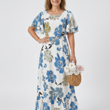 Elowen | Vestido Maxi Com Decote Redondo e Mangas Curtas em Camadas