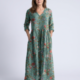 Marina | Vestido Maxi Floral com Decote em V e Manga Três Quartos
