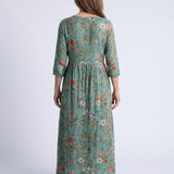 Marina | Vestido Maxi Floral com Decote em V e Manga Três Quartos