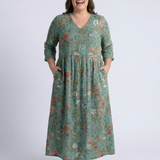 Marina | Vestido Maxi Floral com Decote em V e Manga Três Quartos