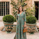 Marina | Vestido Maxi Floral com Decote em V e Manga Três Quartos