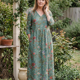 Marina | Vestido Maxi Floral com Decote em V e Manga Três Quartos