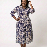 Oriana | Vestido Midi de Manga Longa com Gola e Cinto na Cintura