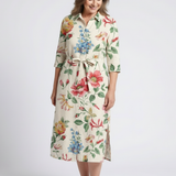 Maribel | Vestido Midi Floral de Manga Curta com Botões na Frente