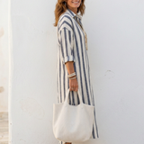 Naomi | Vestido Camisa Midi às Riscas de Manga Longa