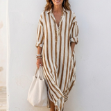 Naomi | Vestido Camisa Midi às Riscas de Manga Longa