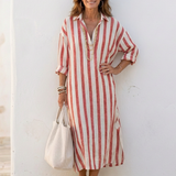 Naomi | Vestido Camisa Midi às Riscas de Manga Longa