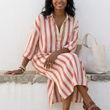 Naomi | Vestido Camisa Midi às Riscas de Manga Longa