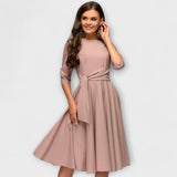 Ana - Vestido midi elegante com cintura com laço