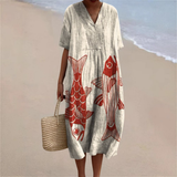 Solara™ | Vestido de Verão Arte Koi Vermelho