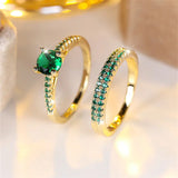 Conjunto de Duo Ring com Esmeralda em Ouro