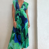 Evangelina™ - Vestido Plissado em Tons Azuis