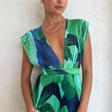 Evangelina™ - Vestido Plissado em Tons Azuis