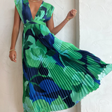 Evangelina™ - Vestido Plissado em Tons Azuis