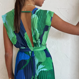 Evangelina™ - Vestido Plissado em Tons Azuis