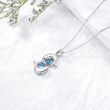 Colar de Prata com Golfinhos Duplos e Cristal Azul