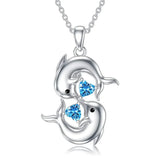 Colar de Prata com Golfinhos Duplos e Cristal Azul