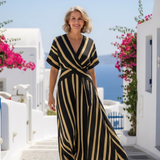 Lina | Vestido Midi Envolvente Listrado com Mangas Curtas