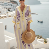 Aurelia | Vestido Maxi Floral Listrado com Decote em V e Mangas Curtas