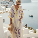 Aurelia | Vestido Maxi Floral Listrado com Decote em V e Mangas Curtas