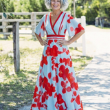 Corinne | Vestido Maxi Floral de Manga Curta com Decote em V
