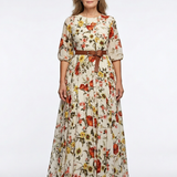 Odelia | Vestido Maxi de Gola Redonda e Manga Três Quartos com Cinto