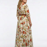 Odelia | Vestido Maxi de Gola Redonda e Manga Três Quartos com Cinto