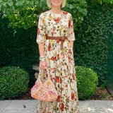 Odelia | Vestido Maxi de Gola Redonda e Manga Três Quartos com Cinto
