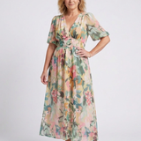 Eulalie | Vestido Midi de Manga Curta com Cintura Ajustada em V