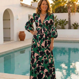 Isolde | Vestido Maxi de Manga Longa com Decote em V e Cinto na Cintura