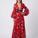 Isolde | Vestido Maxi de Manga Longa com Decote em V e Cinto na Cintura