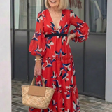 Isolde | Vestido Maxi de Manga Longa com Decote em V e Cinto na Cintura