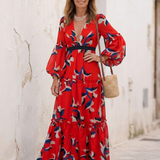Isolde | Vestido Maxi de Manga Longa com Decote em V e Cinto na Cintura
