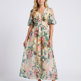 Eulalie | Vestido Midi de Manga Curta com Cintura Ajustada em V