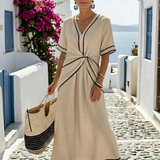 Linnea | Vestido Midi de Manga Curta com Decote em V e Cintura Fruncida